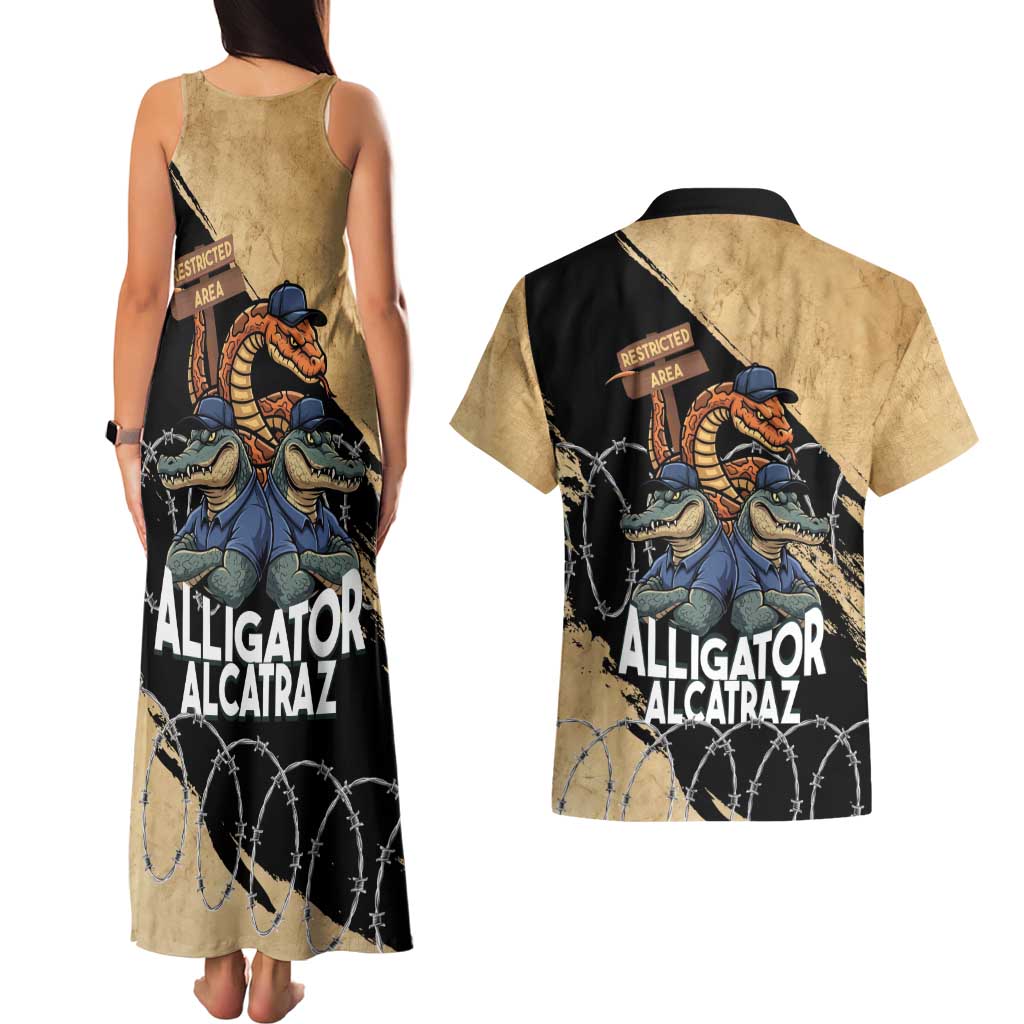 Alligator Alcatraz Couples Matching Tank Maxi Dress and Hawaiian Shirt Gator and Python Restricted Area - Wonder Print Shop