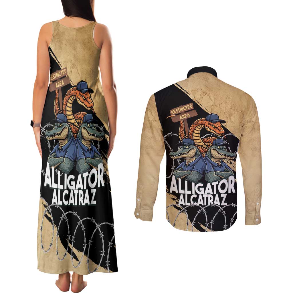 Alligator Alcatraz Couples Matching Tank Maxi Dress and Long Sleeve Button Shirt Gator and Python Restricted Area - Wonder Print Shop