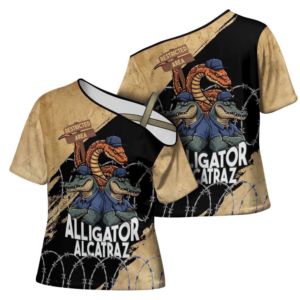 Alligator Alcatraz Cross Shoulder Shirt Gator and Python Restricted Area - Wonder Print Shop