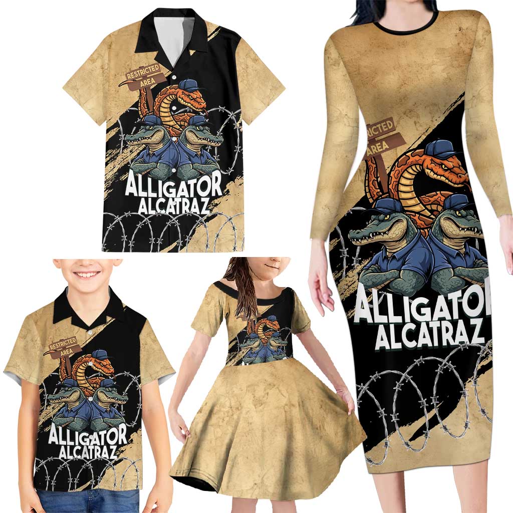 Alligator Alcatraz Family Matching Long Sleeve Bodycon Dress and Hawaiian Shirt Gator and Python Restricted Area - Wonder Print Shop