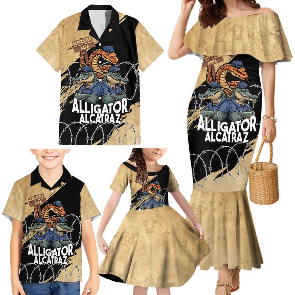 Alligator Alcatraz Family Matching Mermaid Dress and Hawaiian Shirt Gator and Python Restricted Area - Wonder Print Shop
