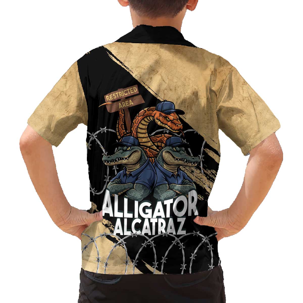 Alligator Alcatraz Family Matching Off The Shoulder Long Sleeve Dress and Hawaiian Shirt Gator and Python Restricted Area - Wonder Print Shop
