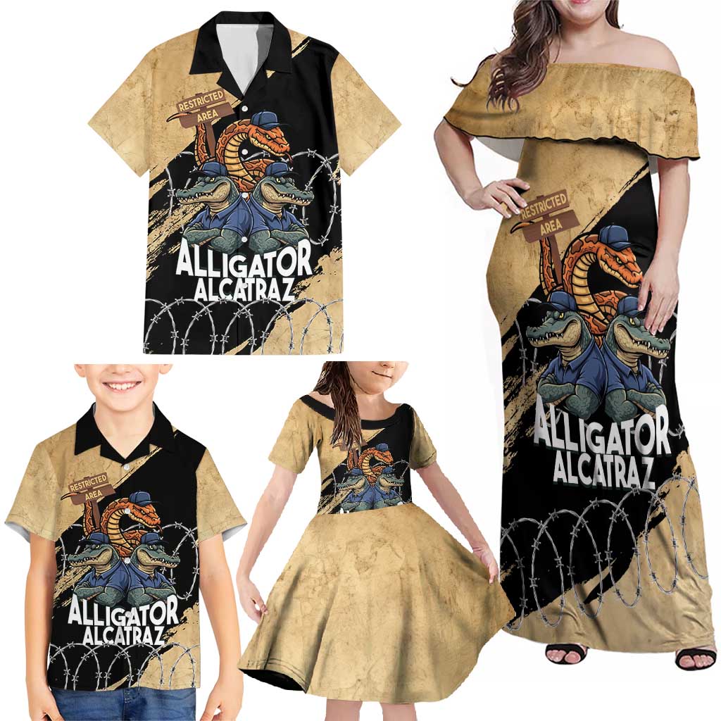 Alligator Alcatraz Family Matching Off Shoulder Maxi Dress and Hawaiian Shirt Gator and Python Restricted Area - Wonder Print Shop