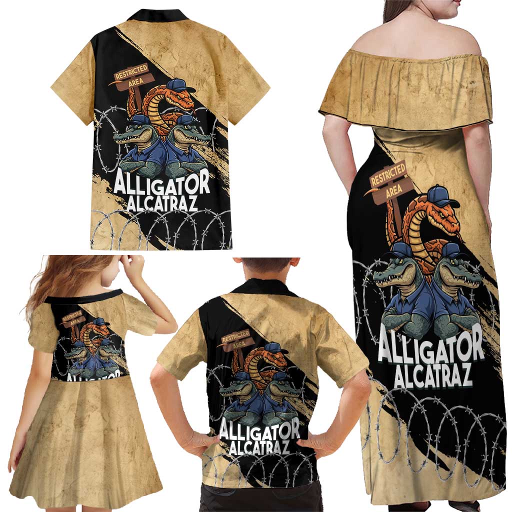 Alligator Alcatraz Family Matching Off Shoulder Maxi Dress and Hawaiian Shirt Gator and Python Restricted Area - Wonder Print Shop