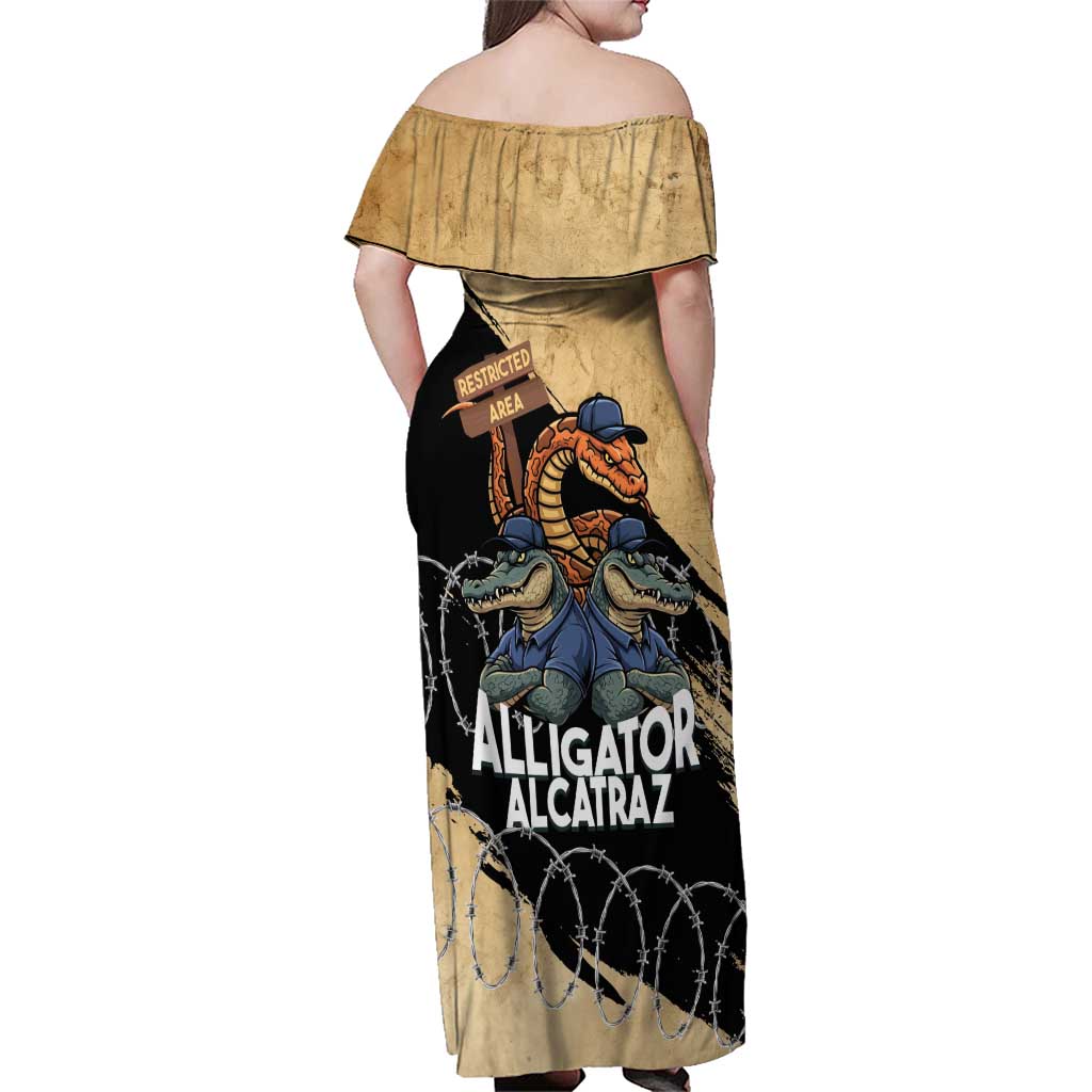 Alligator Alcatraz Family Matching Off Shoulder Maxi Dress and Hawaiian Shirt Gator and Python Restricted Area - Wonder Print Shop