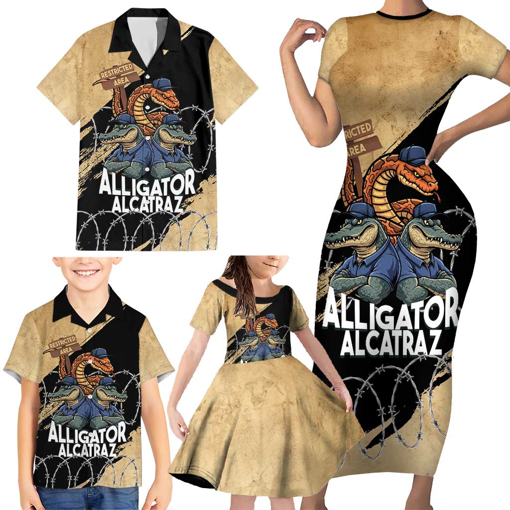 Alligator Alcatraz Family Matching Short Sleeve Bodycon Dress and Hawaiian Shirt Gator and Python Restricted Area - Wonder Print Shop