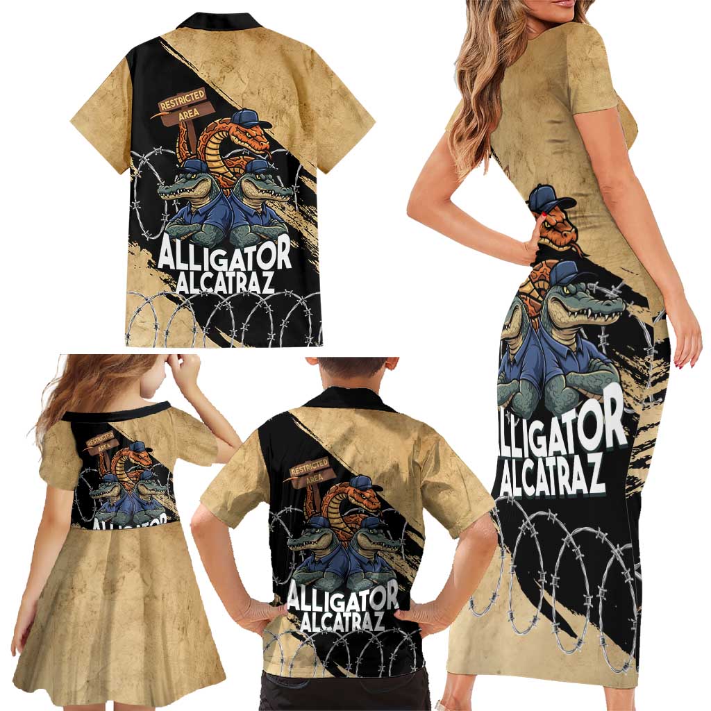 Alligator Alcatraz Family Matching Short Sleeve Bodycon Dress and Hawaiian Shirt Gator and Python Restricted Area - Wonder Print Shop