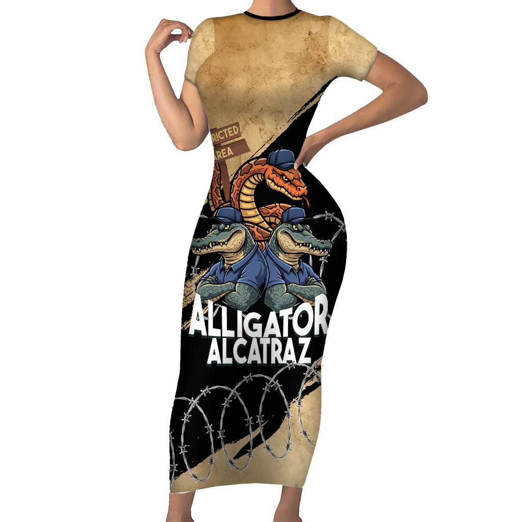 Alligator Alcatraz Family Matching Short Sleeve Bodycon Dress and Hawaiian Shirt Gator and Python Restricted Area - Wonder Print Shop