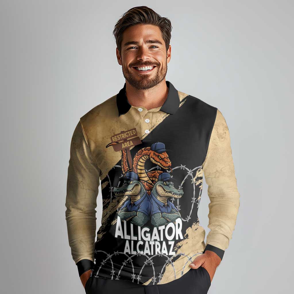 Alligator Alcatraz Long Sleeve Polo Shirt Gator and Python Restricted Area - Wonder Print Shop