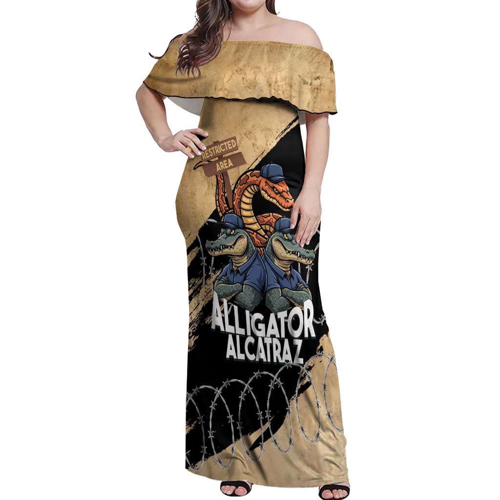 Alligator Alcatraz Off Shoulder Maxi Dress Gator and Python Restricted Area - Wonder Print Shop
