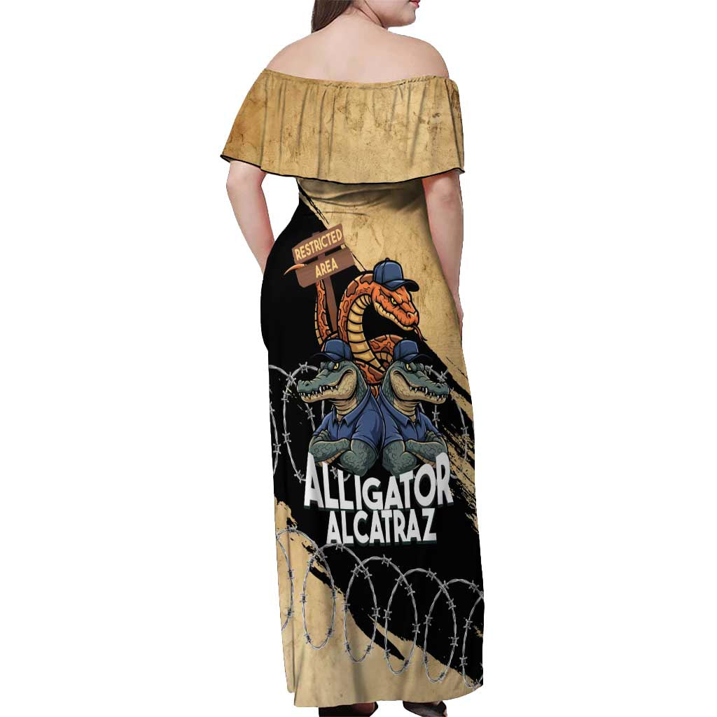 Alligator Alcatraz Off Shoulder Maxi Dress Gator and Python Restricted Area - Wonder Print Shop