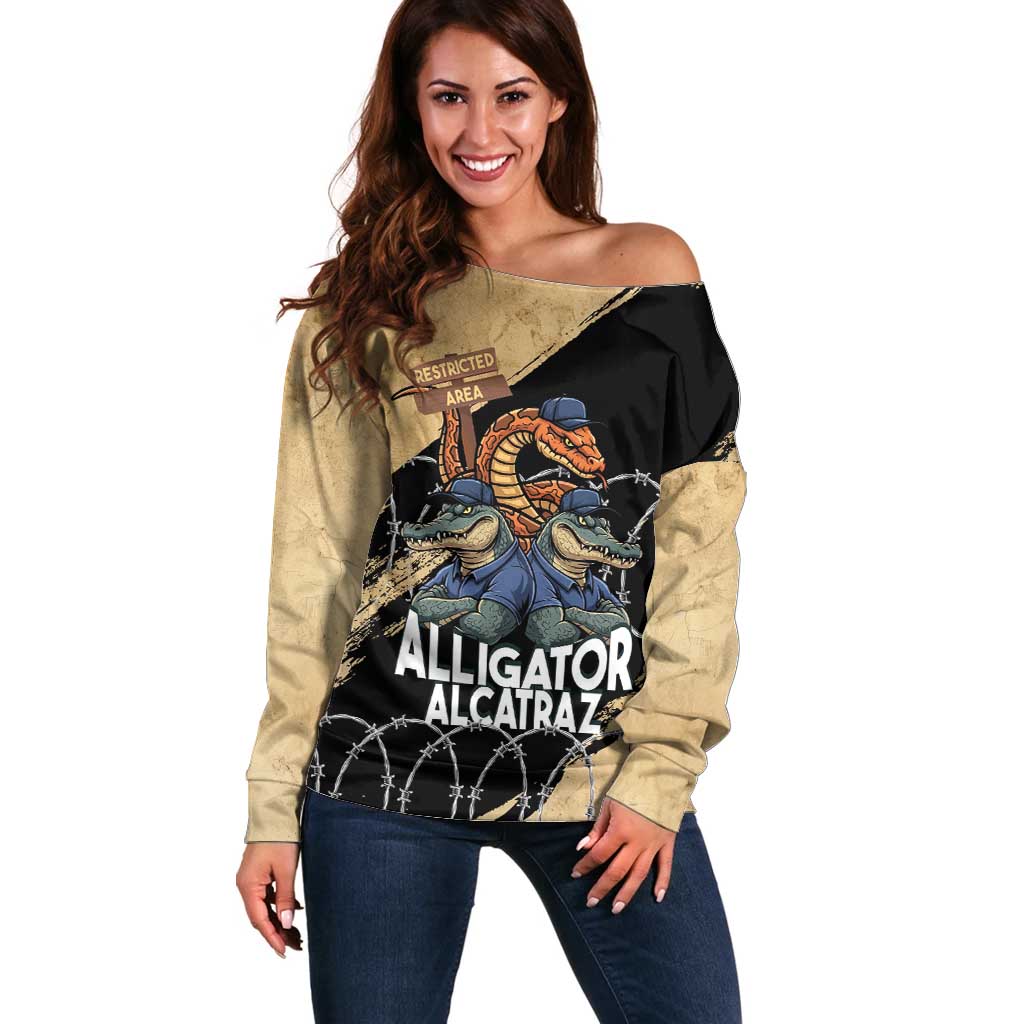 Alligator Alcatraz Off Shoulder Sweater Gator and Python Restricted Area - Wonder Print Shop