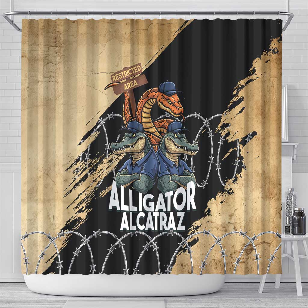 Alligator Alcatraz Shower Curtain Gator and Python Restricted Area - Wonder Print Shop