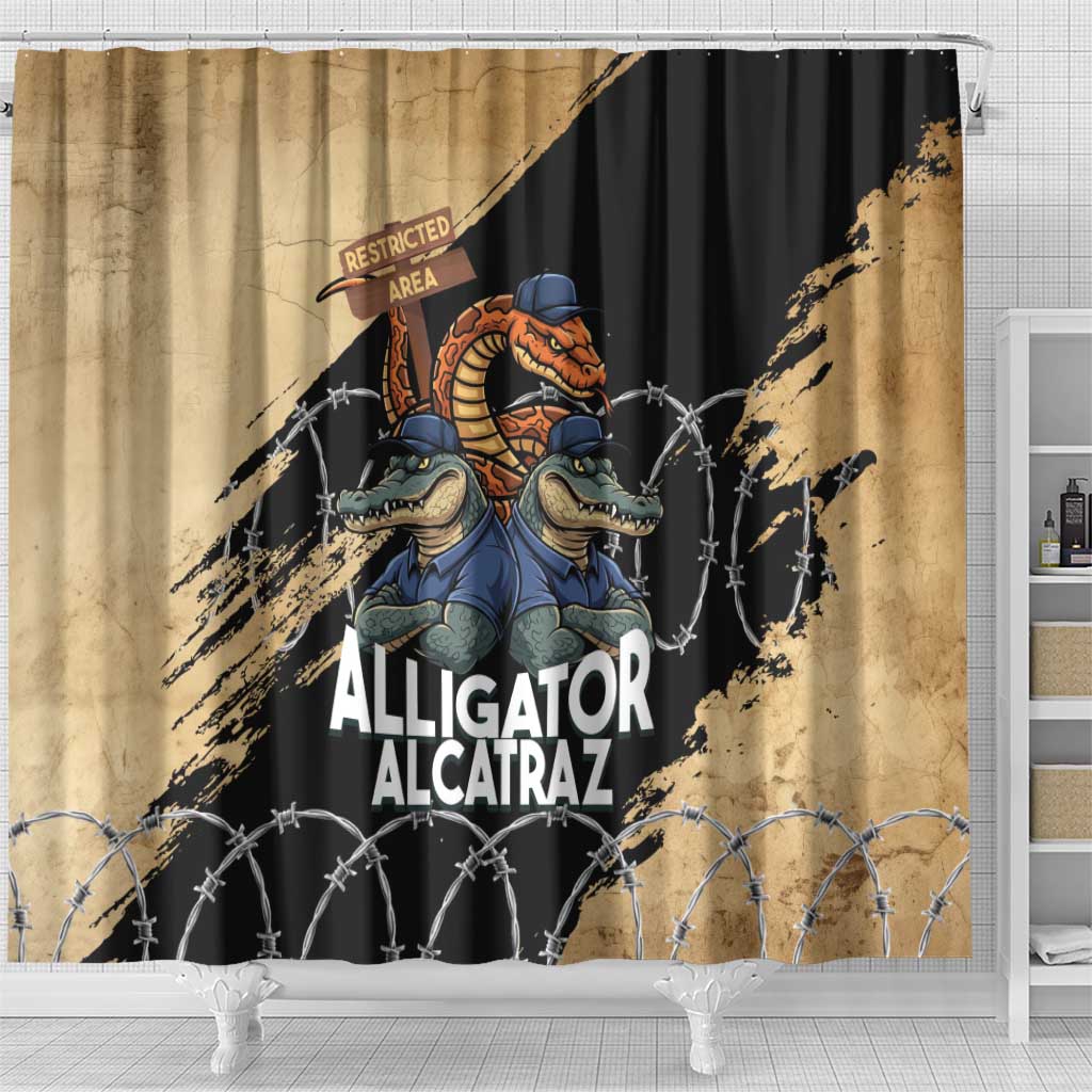 Alligator Alcatraz Shower Curtain Gator and Python Restricted Area - Wonder Print Shop