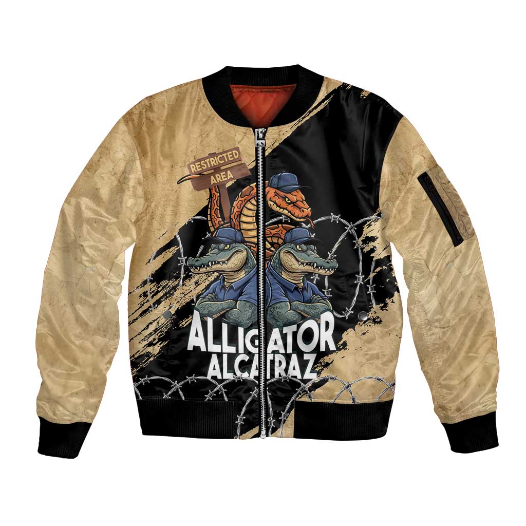 Alligator Alcatraz Sleeve Zip Bomber Jacket Gator and Python Restricted Area - Wonder Print Shop