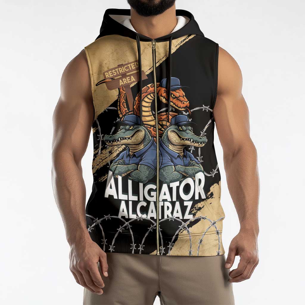 Alligator Alcatraz Sleeveless Zip Hoodie Gator and Python Restricted Area - Wonder Print Shop