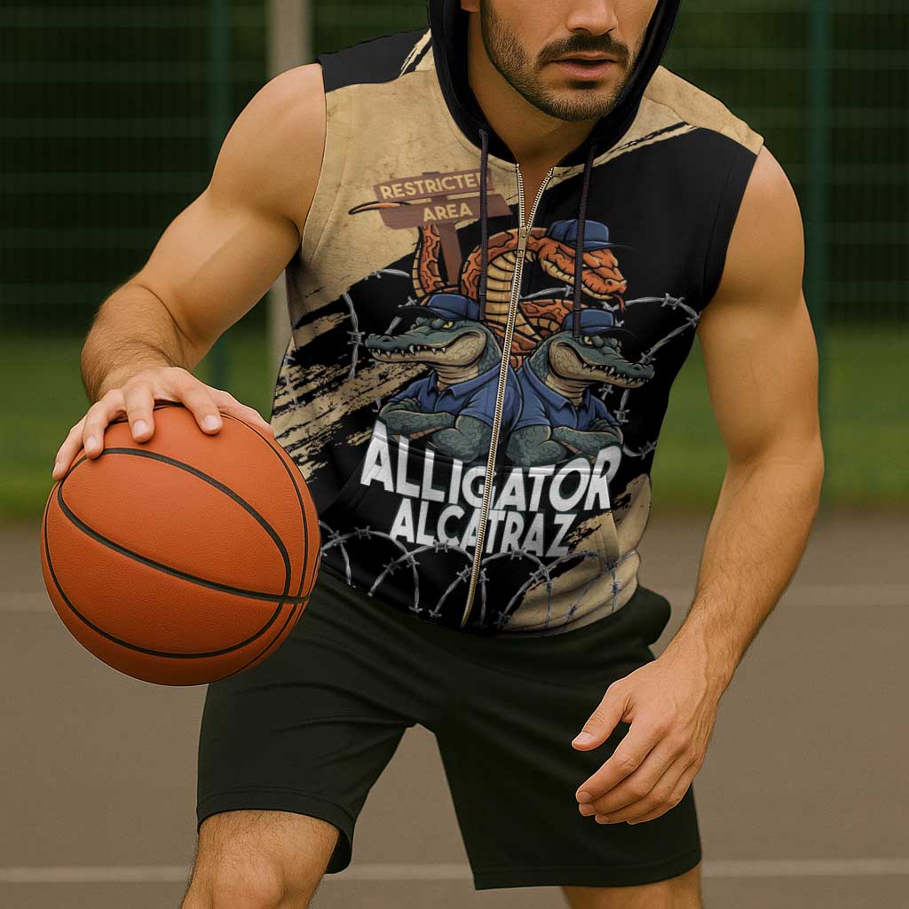 Alligator Alcatraz Sleeveless Zip Hoodie Gator and Python Restricted Area - Wonder Print Shop