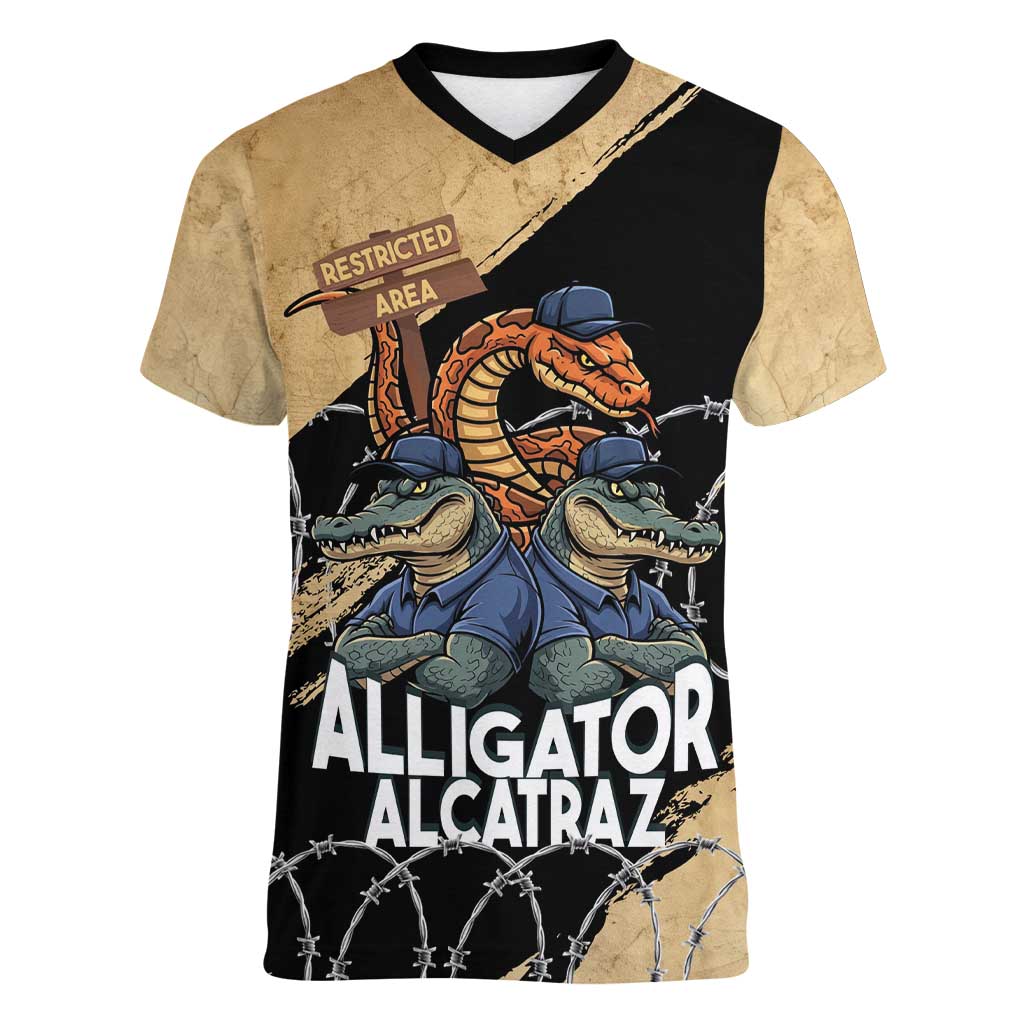 Alligator Alcatraz Women V-Neck T-Shirt Gator and Python Restricted Area - Wonder Print Shop
