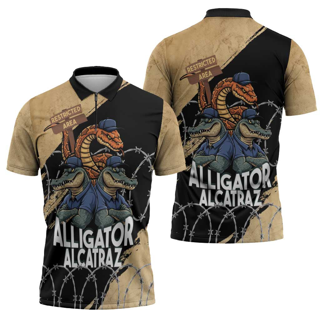 Alligator Alcatraz Zipper Polo Shirt Gator and Python Restricted Area - Wonder Print Shop