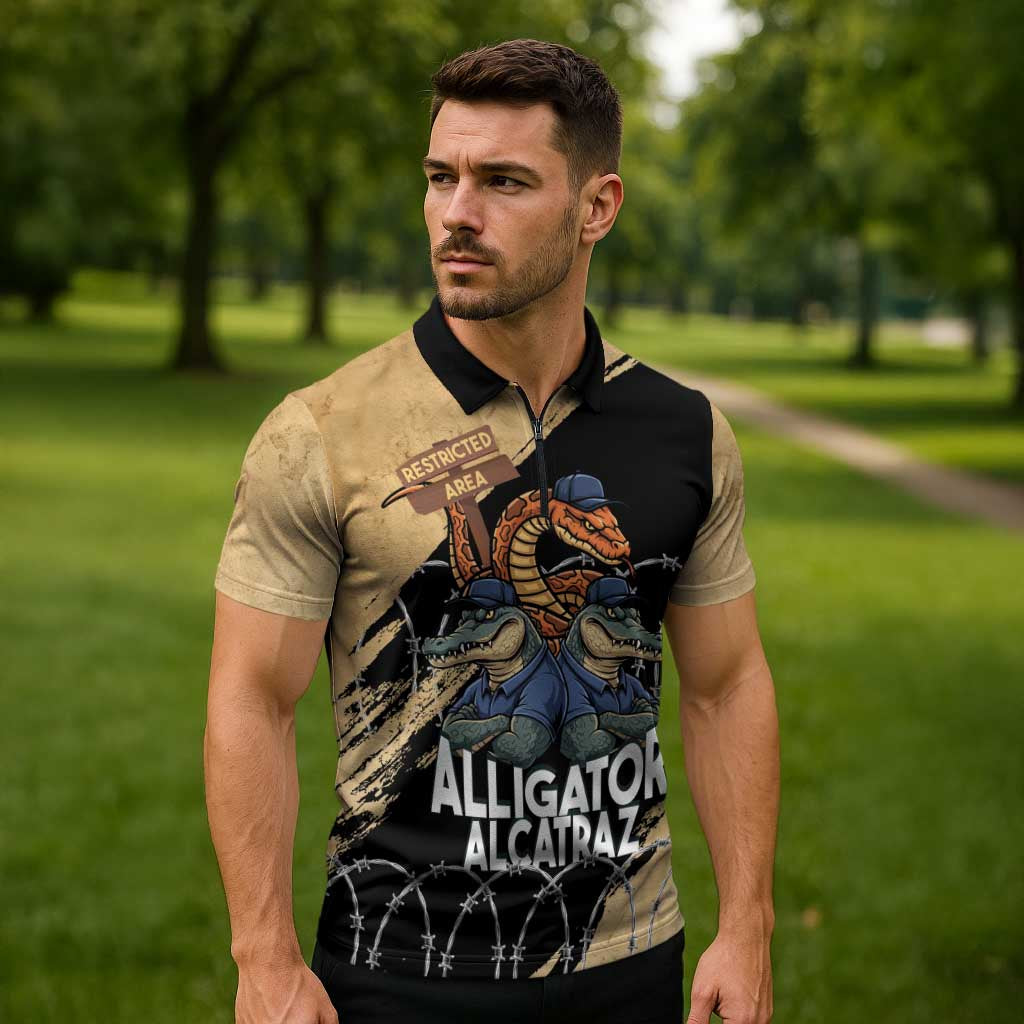 Alligator Alcatraz Zipper Polo Shirt Gator and Python Restricted Area - Wonder Print Shop