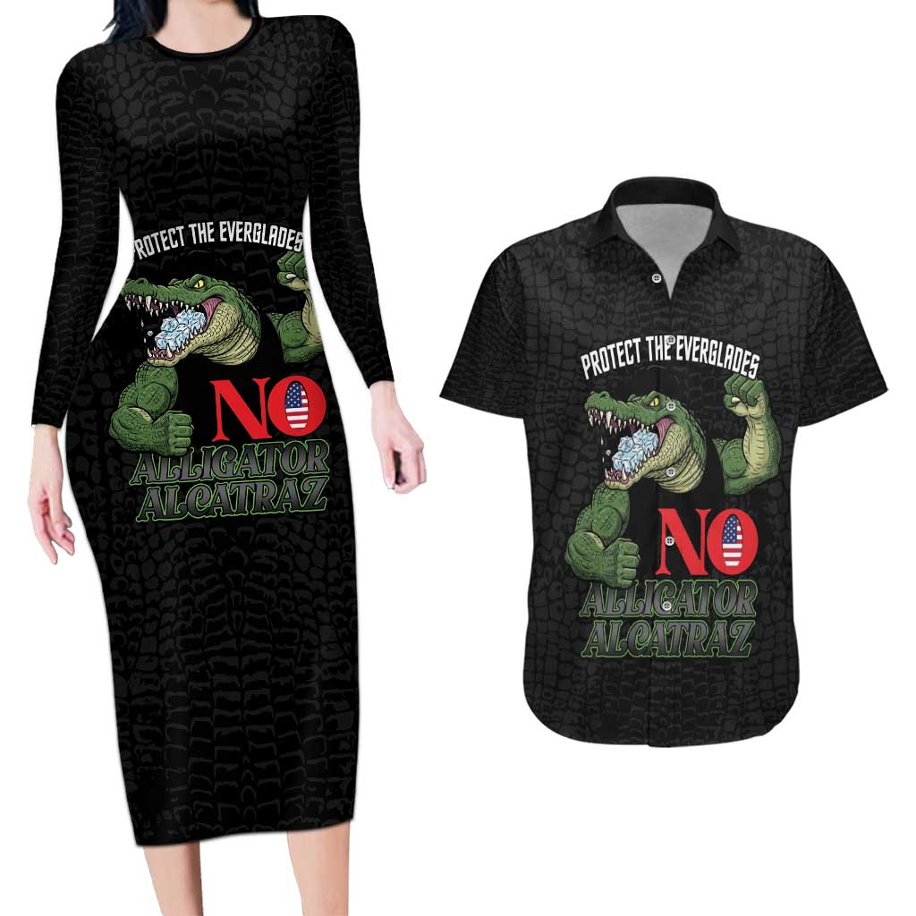Protect The Everglades Couples Matching Long Sleeve Bodycon Dress and Hawaiian Shirt Gator No Alligator Alcatraz - Wonder Print Shop