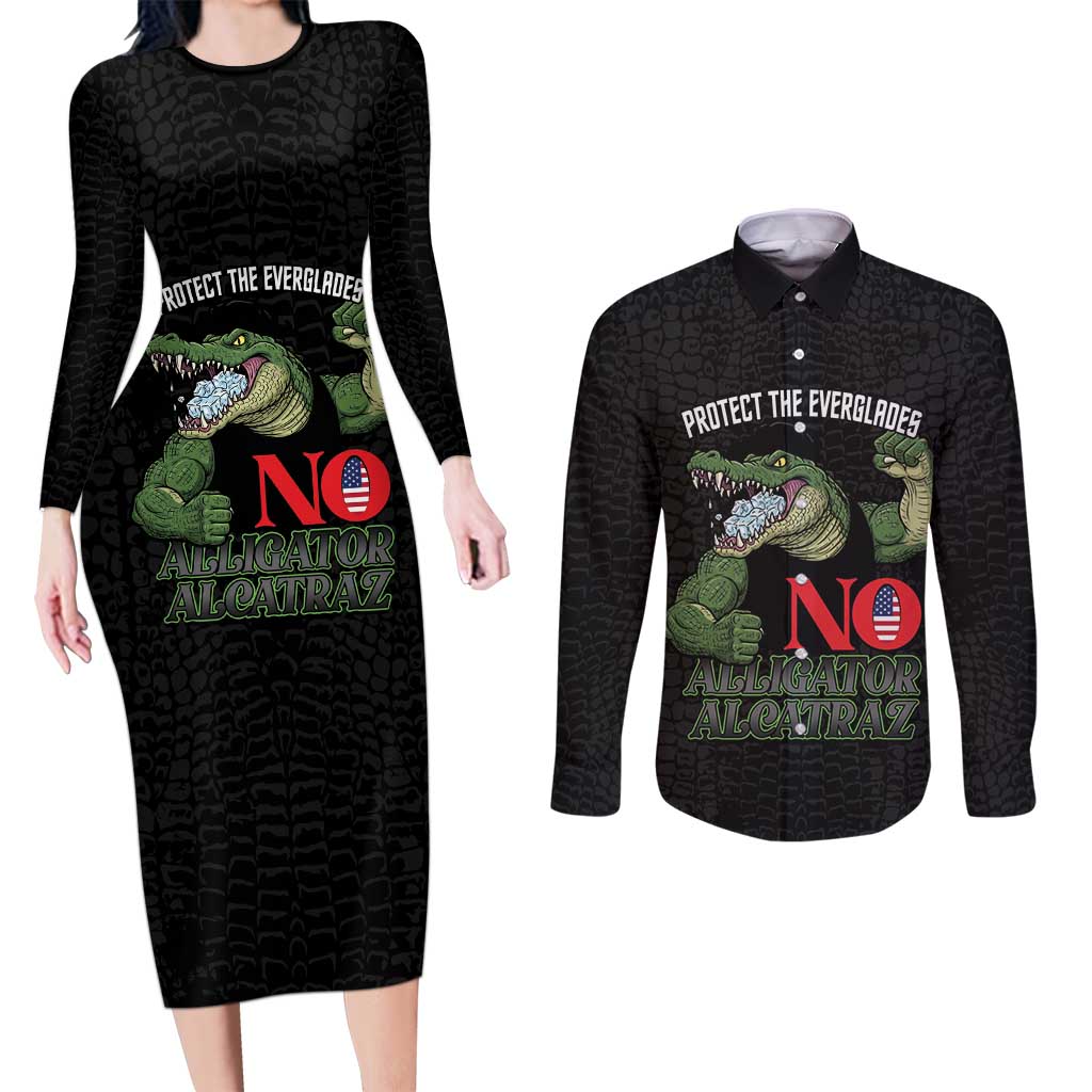 Protect The Everglades Couples Matching Long Sleeve Bodycon Dress and Long Sleeve Button Shirt Gator No Alligator Alcatraz - Wonder Print Shop