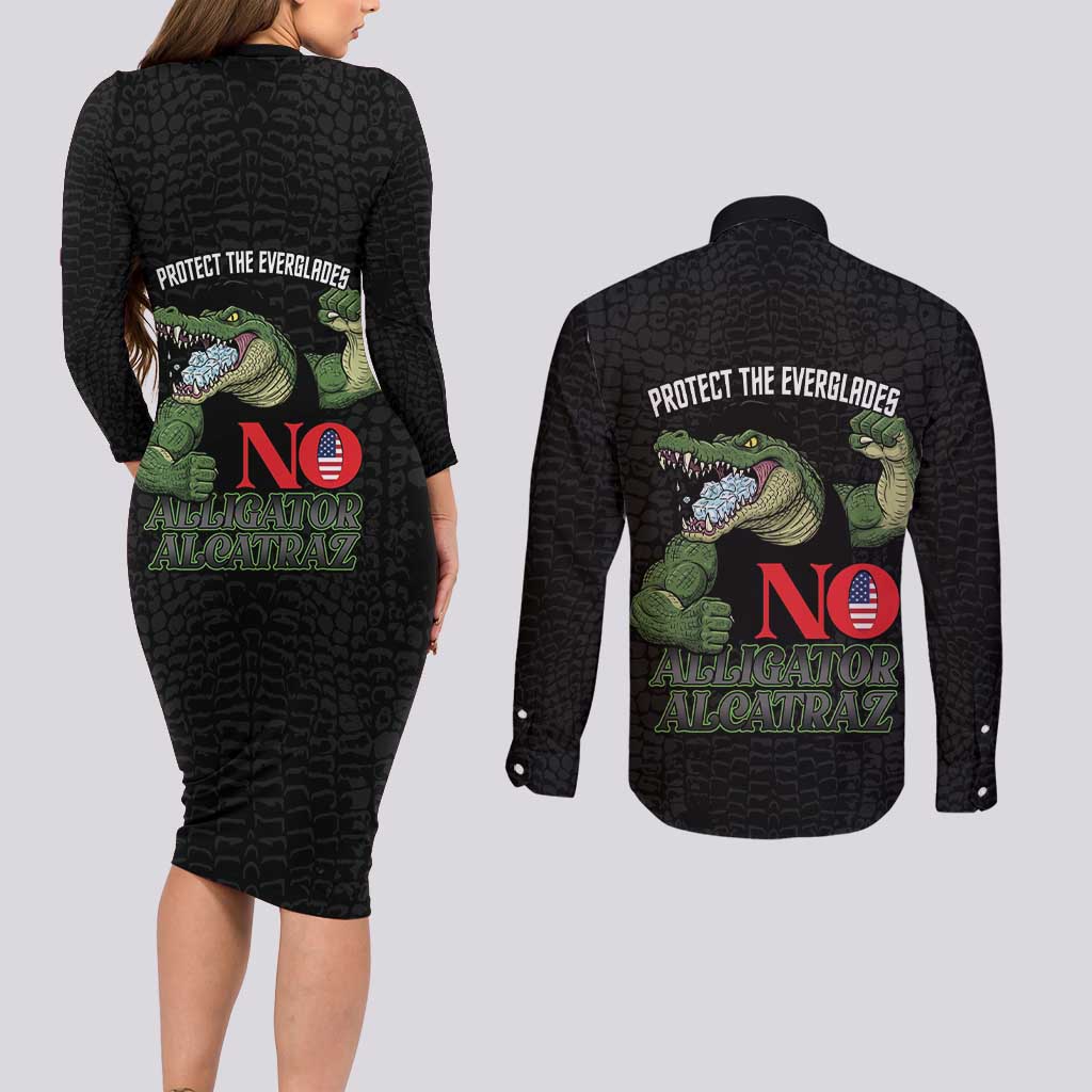 Protect The Everglades Couples Matching Long Sleeve Bodycon Dress and Long Sleeve Button Shirt Gator No Alligator Alcatraz - Wonder Print Shop