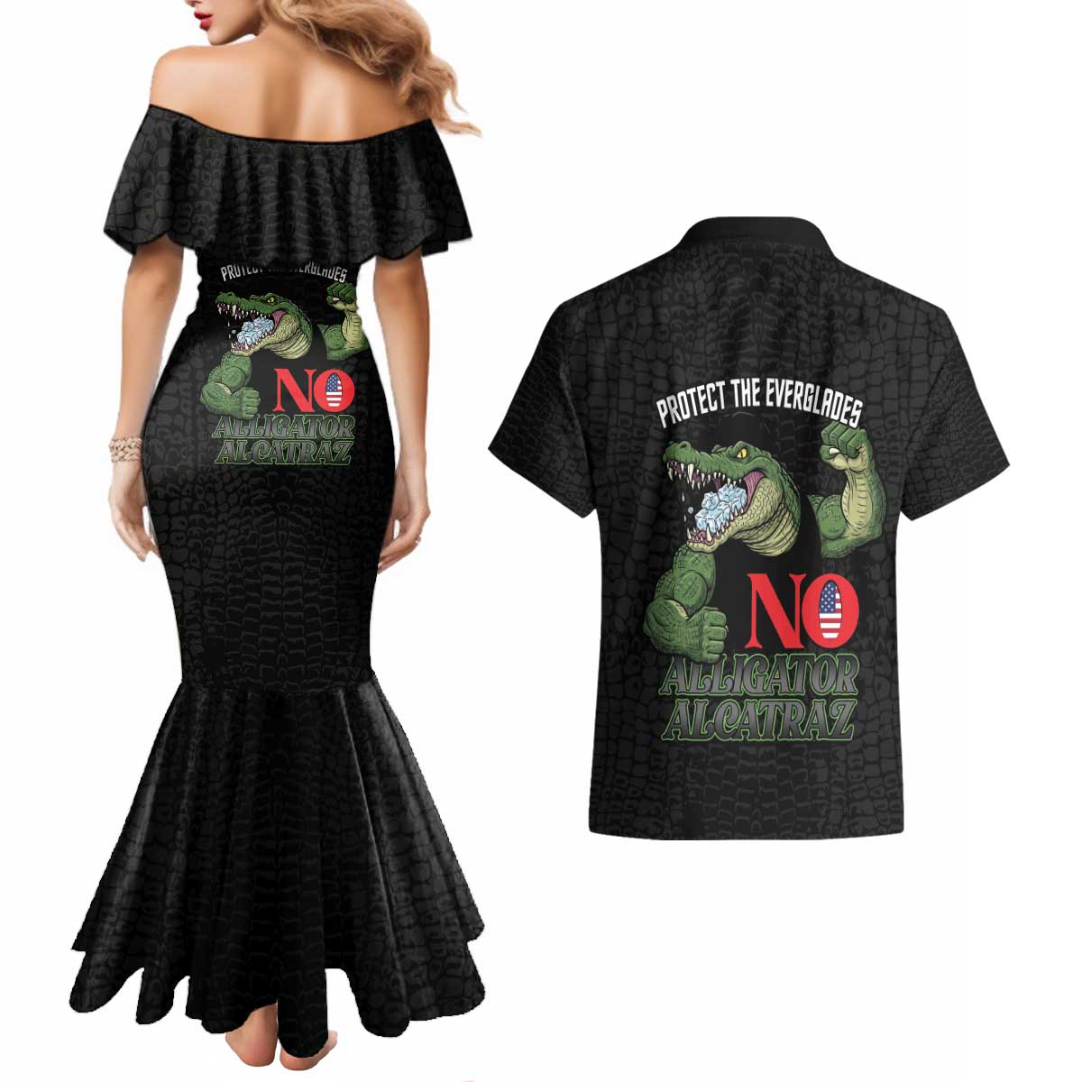 Protect The Everglades Couples Matching Mermaid Dress and Hawaiian Shirt Gator No Alligator Alcatraz - Wonder Print Shop
