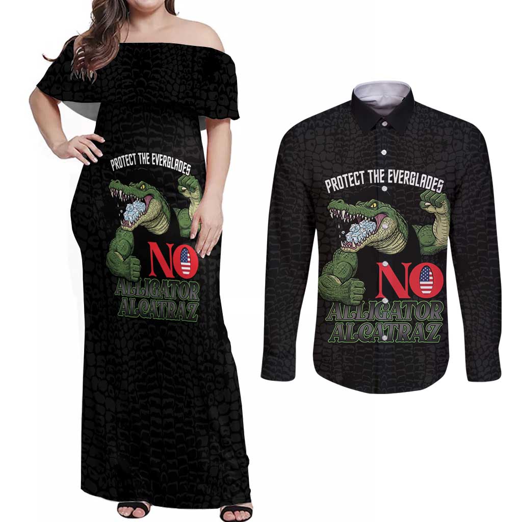 Protect The Everglades Couples Matching Off Shoulder Maxi Dress and Long Sleeve Button Shirt Gator No Alligator Alcatraz - Wonder Print Shop