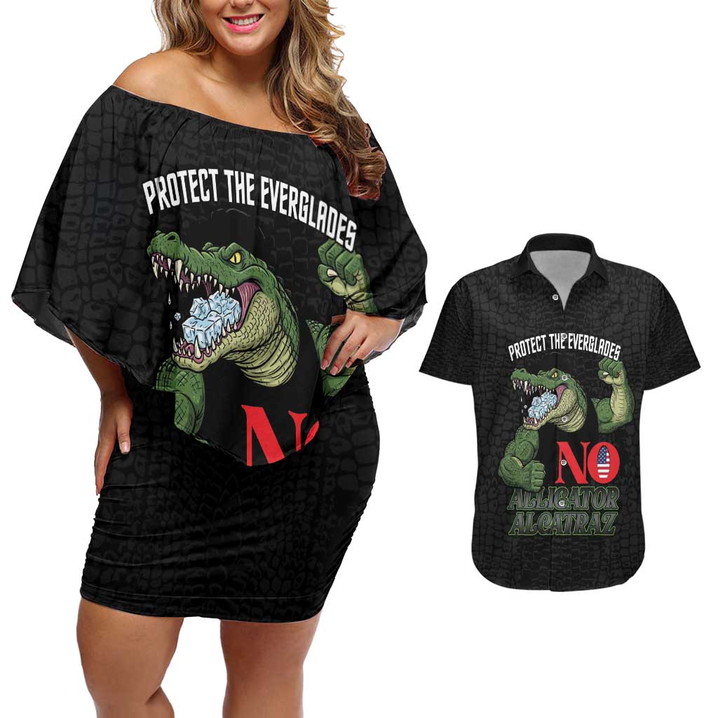 Protect The Everglades Couples Matching Off Shoulder Short Dress and Hawaiian Shirt Gator No Alligator Alcatraz - Wonder Print Shop