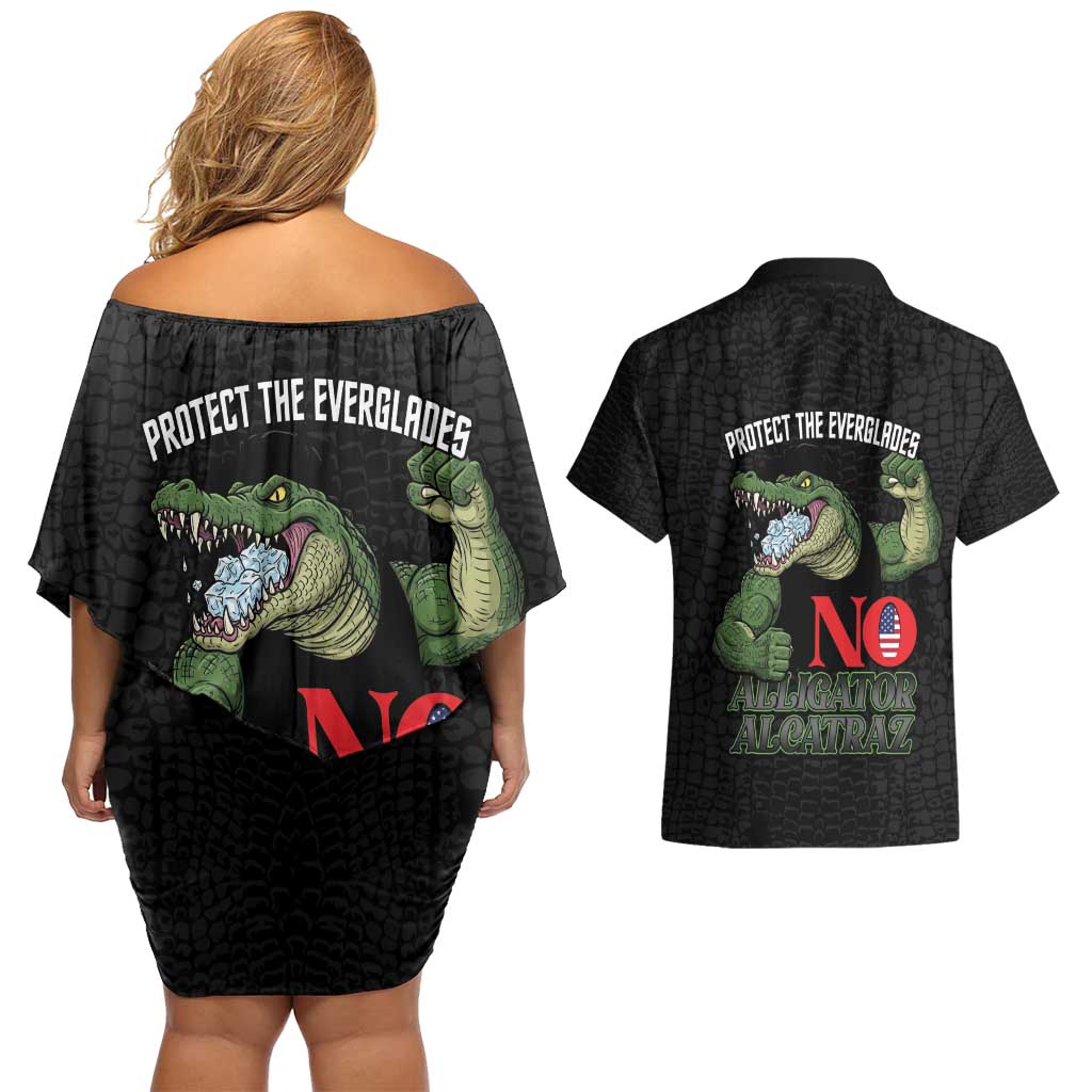 Protect The Everglades Couples Matching Off Shoulder Short Dress and Hawaiian Shirt Gator No Alligator Alcatraz - Wonder Print Shop