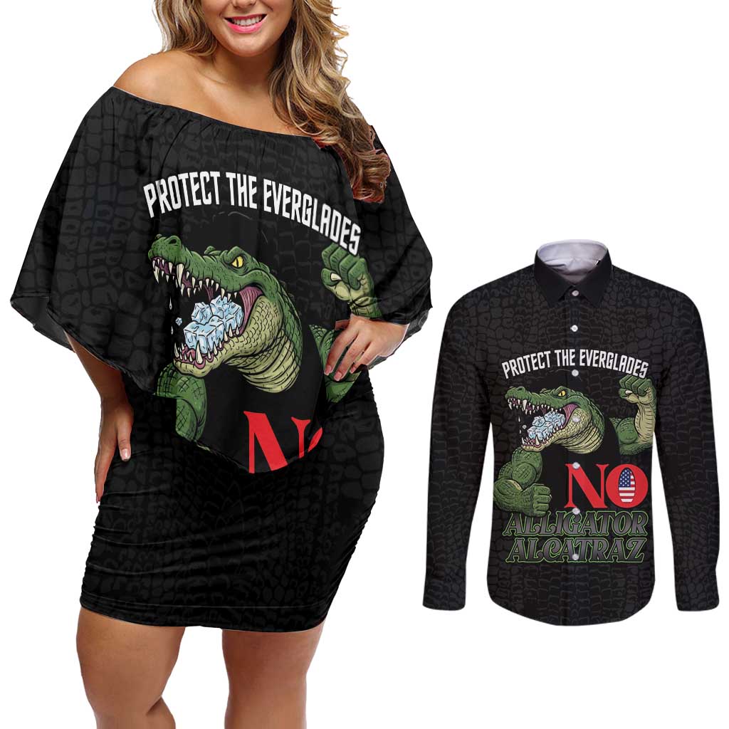 Protect The Everglades Couples Matching Off Shoulder Short Dress and Long Sleeve Button Shirt Gator No Alligator Alcatraz - Wonder Print Shop