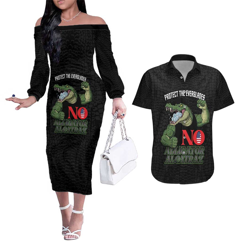 Protect The Everglades Couples Matching Off The Shoulder Long Sleeve Dress and Hawaiian Shirt Gator No Alligator Alcatraz - Wonder Print Shop