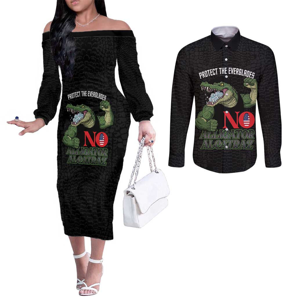 Protect The Everglades Couples Matching Off The Shoulder Long Sleeve Dress and Long Sleeve Button Shirt Gator No Alligator Alcatraz - Wonder Print Shop