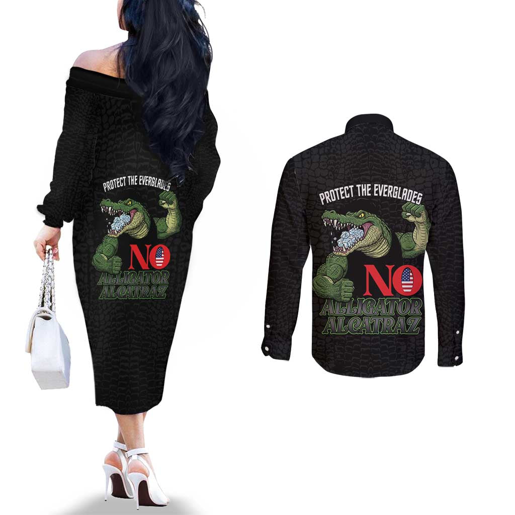 Protect The Everglades Couples Matching Off The Shoulder Long Sleeve Dress and Long Sleeve Button Shirt Gator No Alligator Alcatraz - Wonder Print Shop