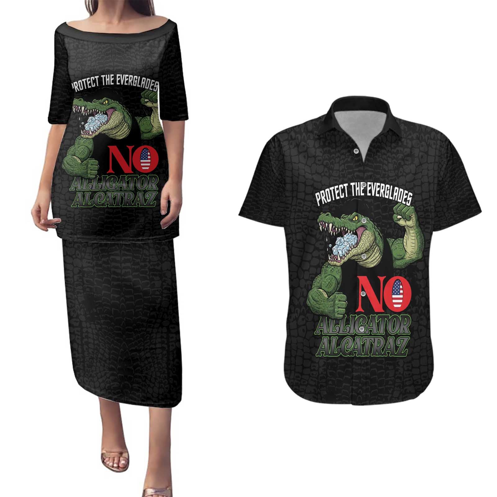 Protect The Everglades Couples Matching Puletasi and Hawaiian Shirt Gator No Alligator Alcatraz - Wonder Print Shop