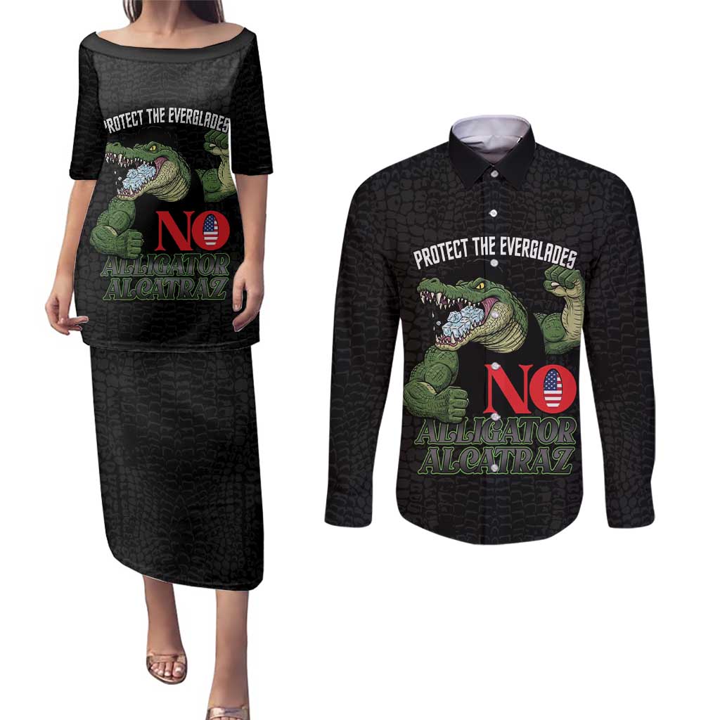 Protect The Everglades Couples Matching Puletasi and Long Sleeve Button Shirt Gator No Alligator Alcatraz - Wonder Print Shop