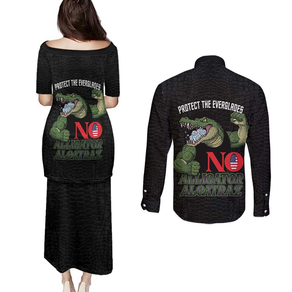 Protect The Everglades Couples Matching Puletasi and Long Sleeve Button Shirt Gator No Alligator Alcatraz - Wonder Print Shop