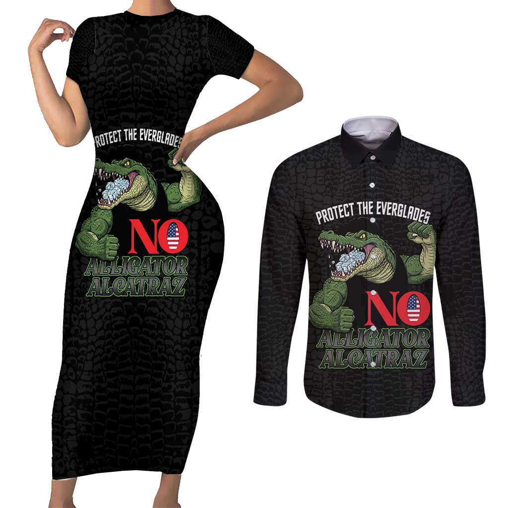 Protect The Everglades Couples Matching Short Sleeve Bodycon Dress and Long Sleeve Button Shirt Gator No Alligator Alcatraz - Wonder Print Shop