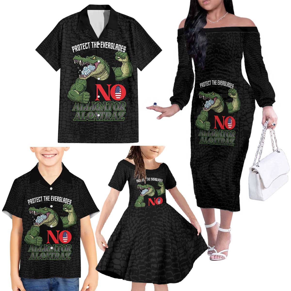 Protect The Everglades Family Matching Off The Shoulder Long Sleeve Dress and Hawaiian Shirt Gator No Alligator Alcatraz - Wonder Print Shop