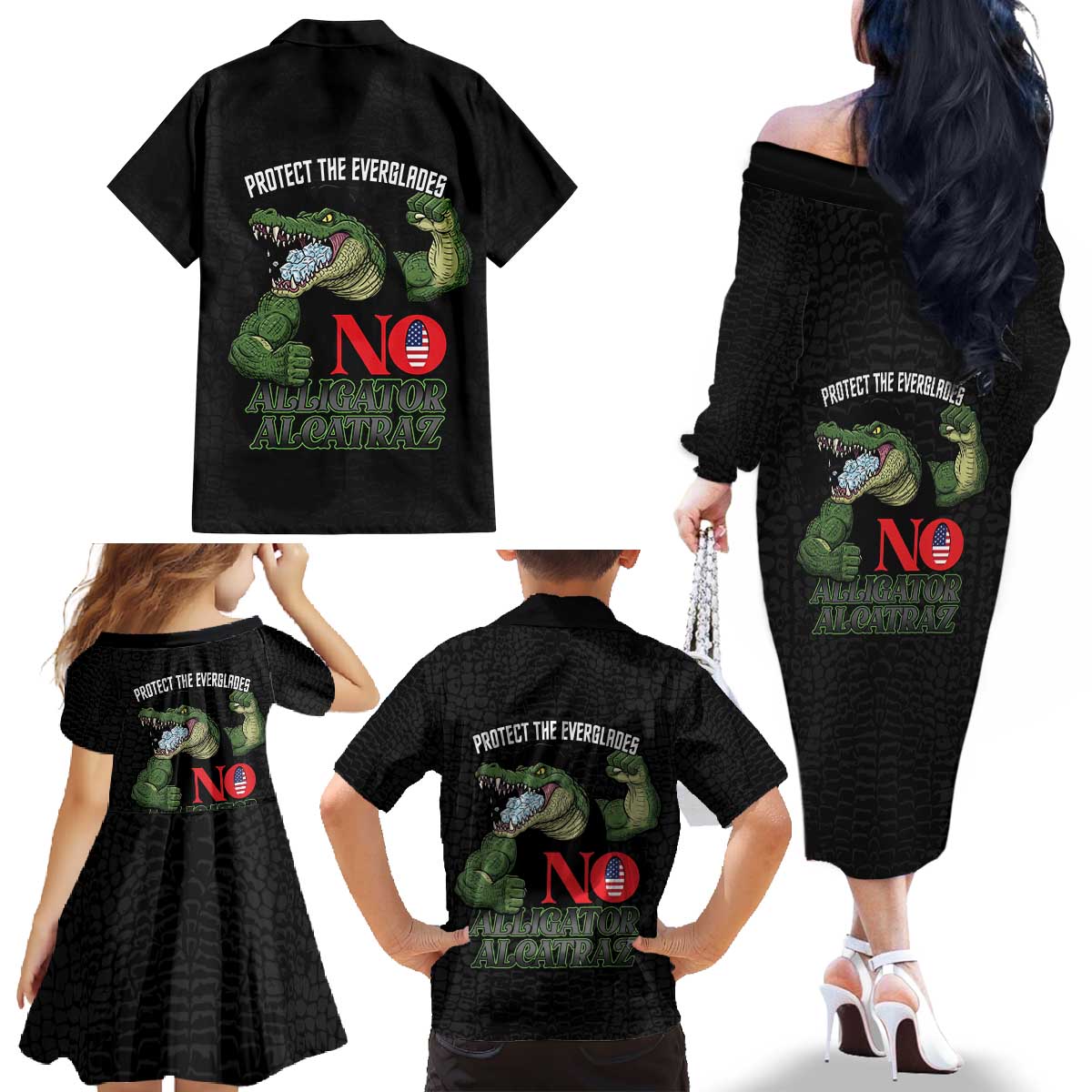 Protect The Everglades Family Matching Off The Shoulder Long Sleeve Dress and Hawaiian Shirt Gator No Alligator Alcatraz - Wonder Print Shop