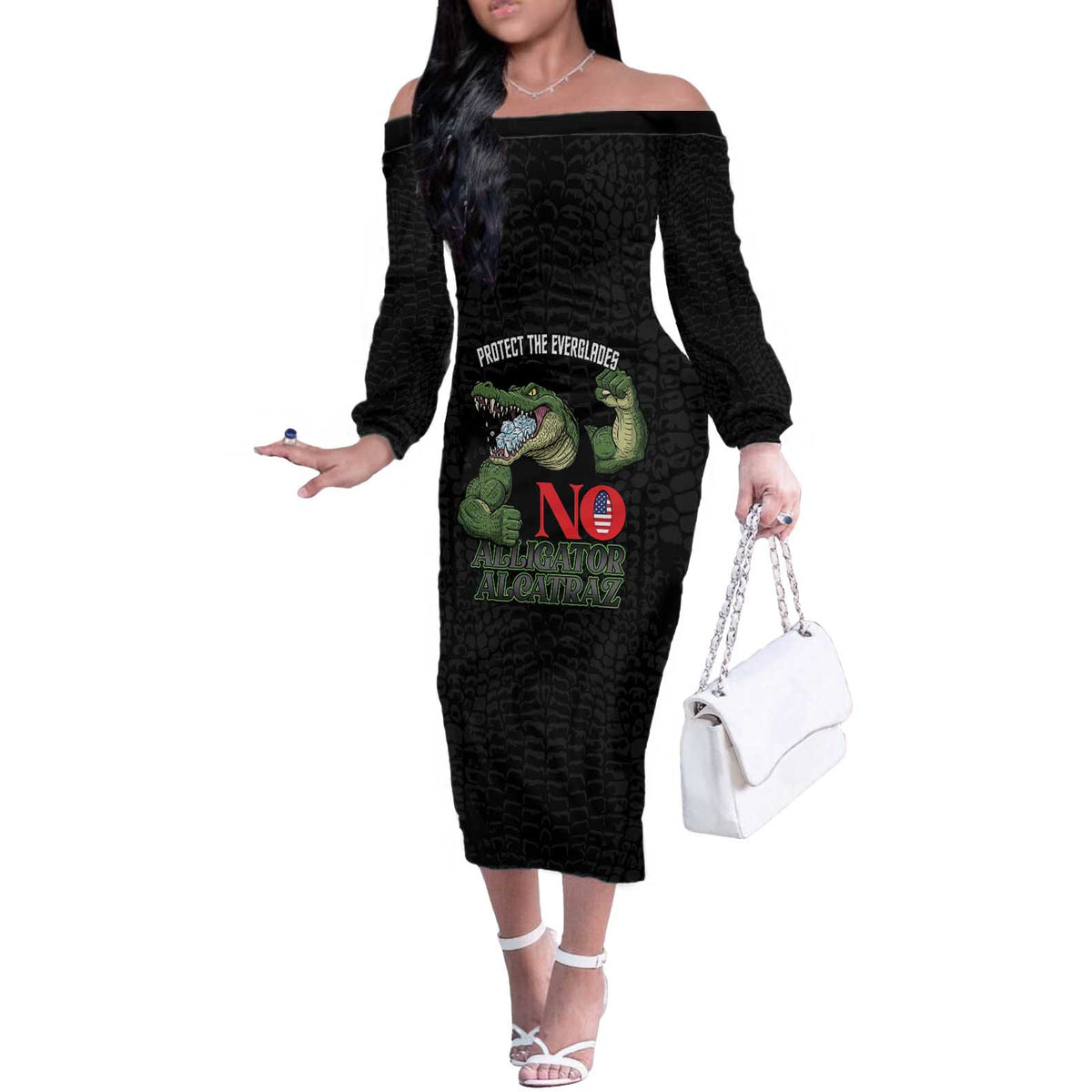 Protect The Everglades Off The Shoulder Long Sleeve Dress Gator No Alligator Alcatraz - Wonder Print Shop