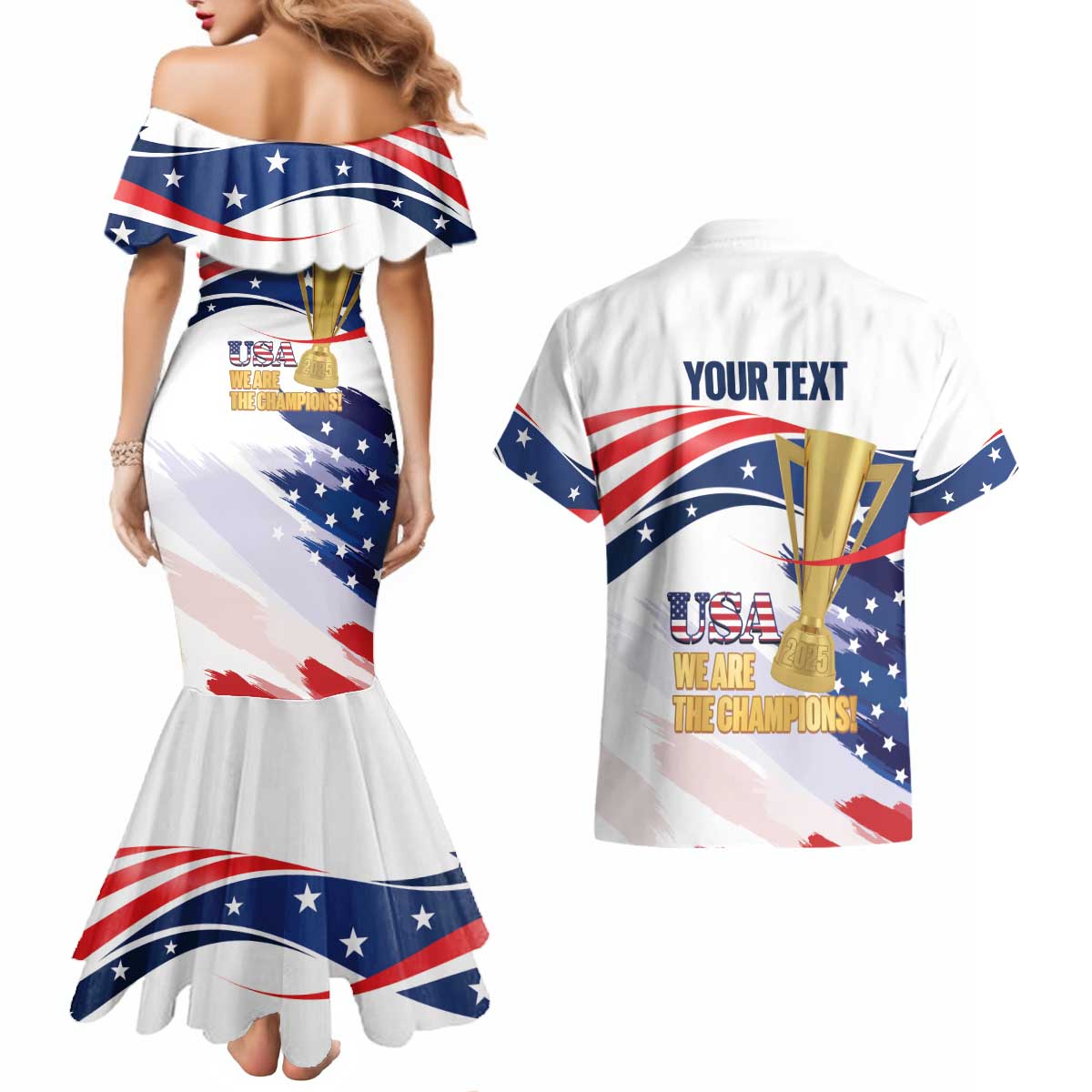 Personalized United States Soccer Couples Matching Mermaid Dress and Hawaiian Shirt 2025 USA Champions - Wonder Print Shop