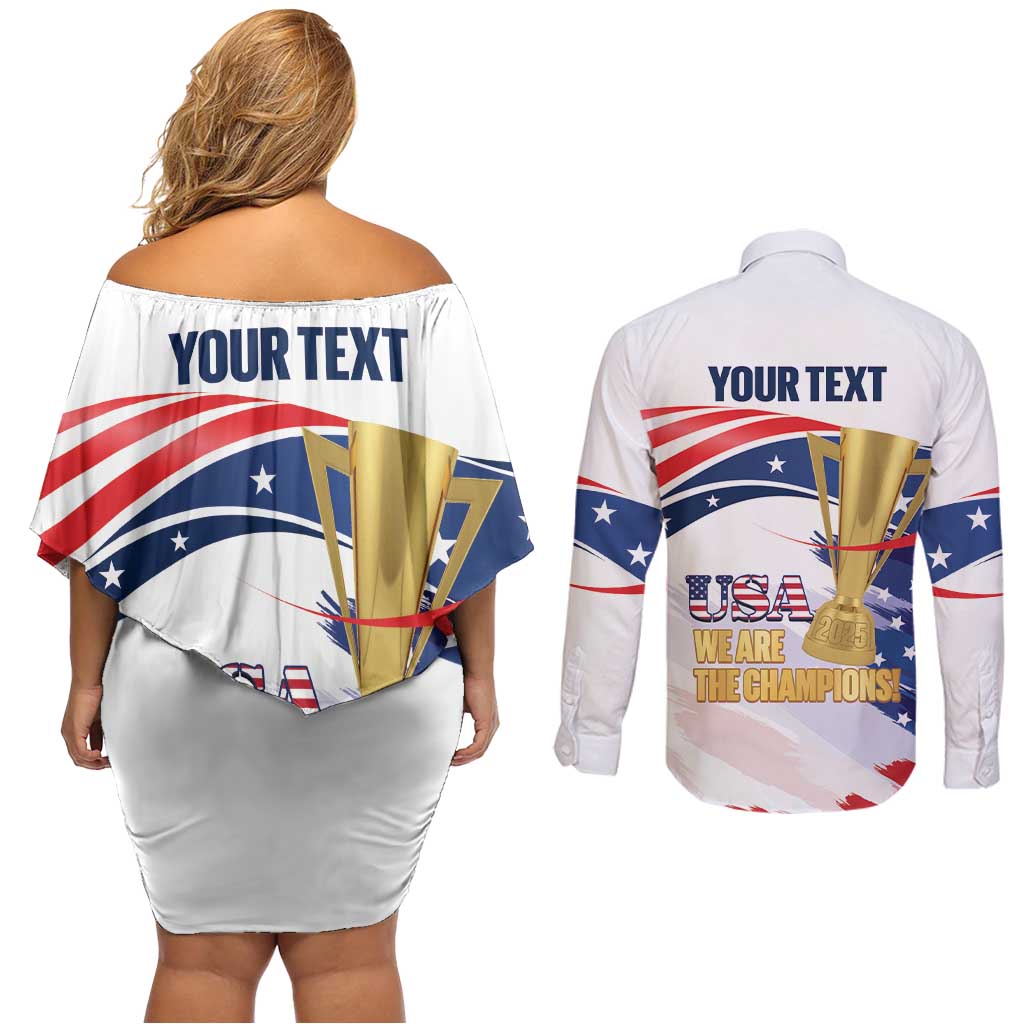 Personalized United States Soccer Couples Matching Off Shoulder Short Dress and Long Sleeve Button Shirt 2025 USA Champions - Wonder Print Shop