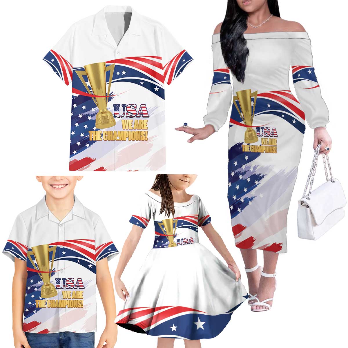 Personalized United States Soccer Family Matching Off The Shoulder Long Sleeve Dress and Hawaiian Shirt 2025 USA Champions - Wonder Print Shop