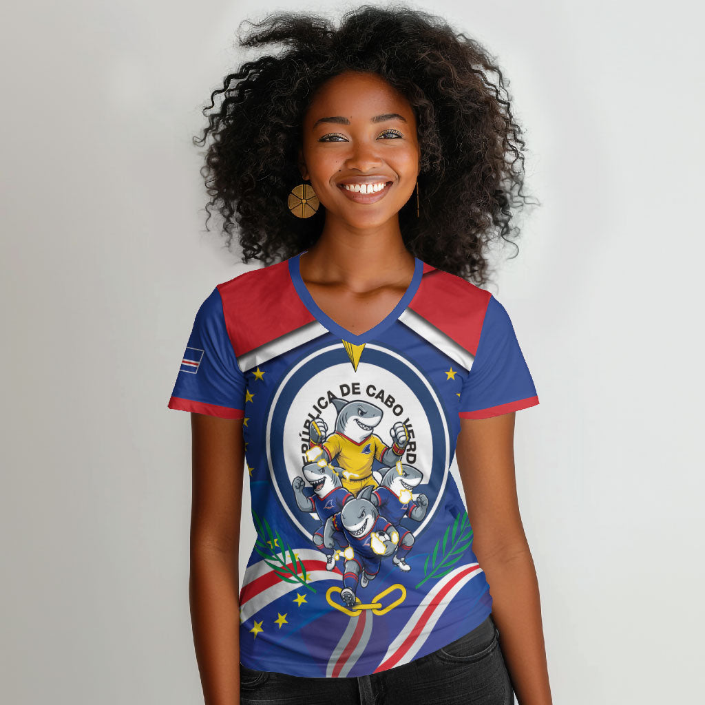 Cape Verde 2026 Football Women V-Neck T-Shirt Orgulho Tubaroes Azuis Make History