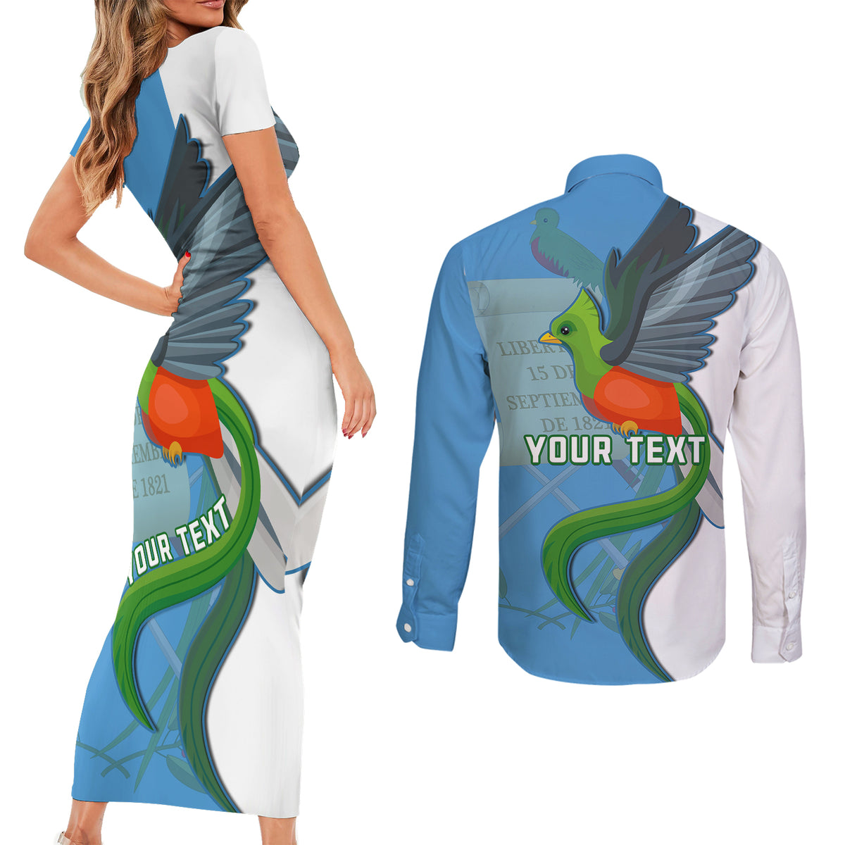 Custom Guatemala Independence Day Couples Matching Short Sleeve Bodycon Dress and Long Sleeve Button Shirts Guatemalan Quetzal 202st Anniversary - Wonder Print Shop