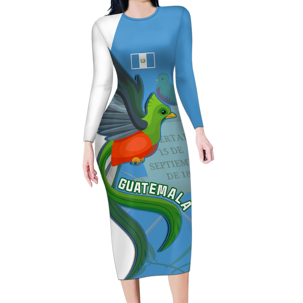 Custom Guatemala Independence Day Long Sleeve Bodycon Dress Guatemalan Quetzal 202st Anniversary - Wonder Print Shop