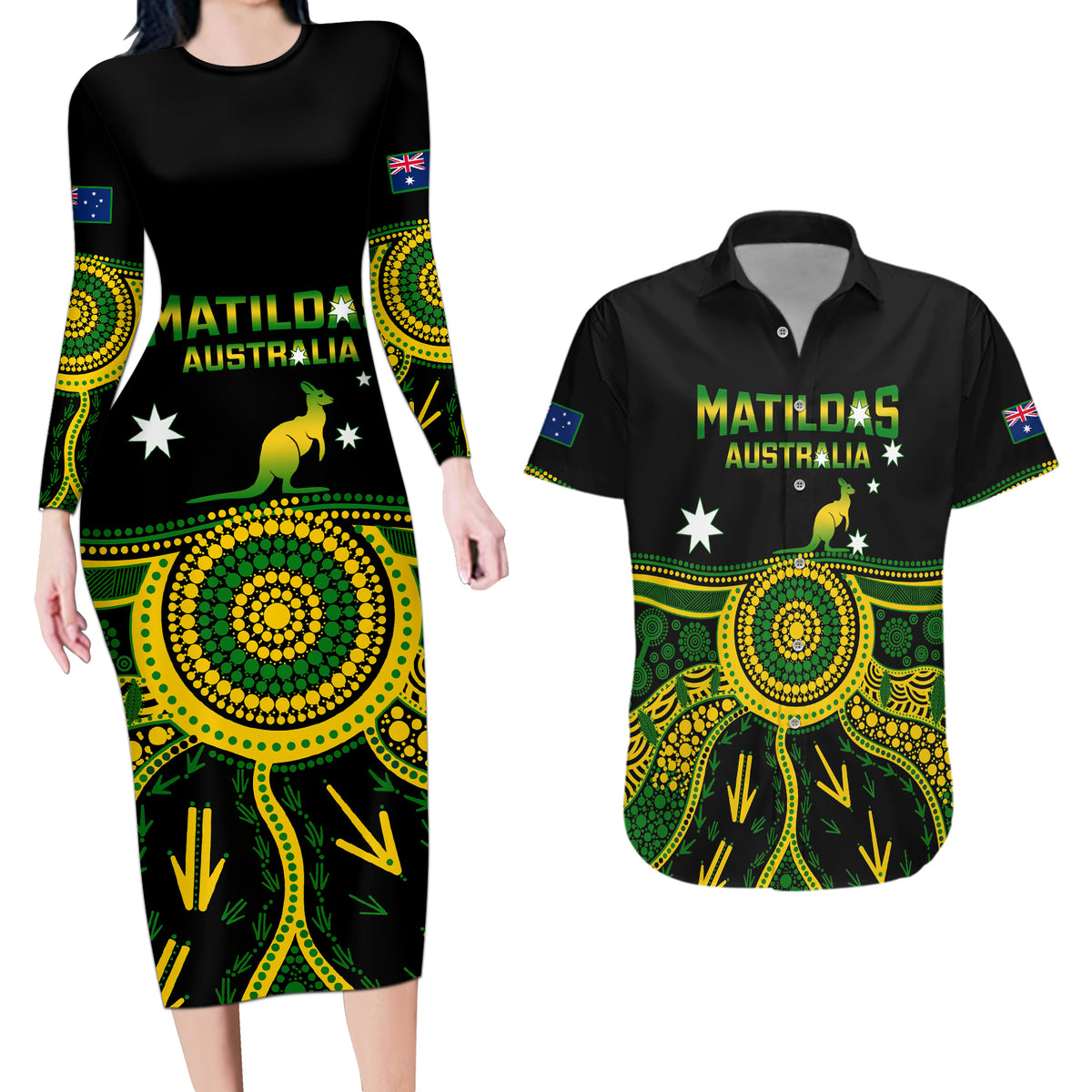 Australia Soccer Couples Matching Long Sleeve Bodycon Dress and Hawaiian Shirt Aboriginal Go Matildas 2023 World Cup - Wonder Print Shop
