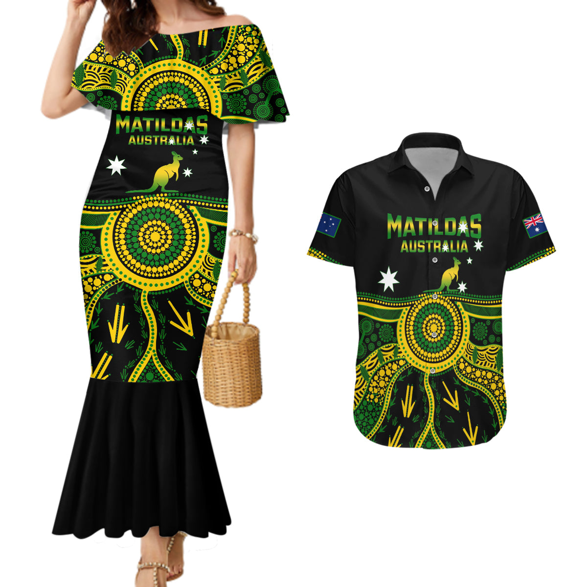 Australia Soccer Couples Matching Mermaid Dress and Hawaiian Shirt Aboriginal Go Matildas 2023 World Cup - Wonder Print Shop